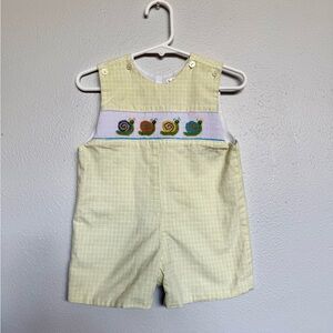 Stunning Hand Smock Plate Kids Snail Smocked Romper - Cream and Green